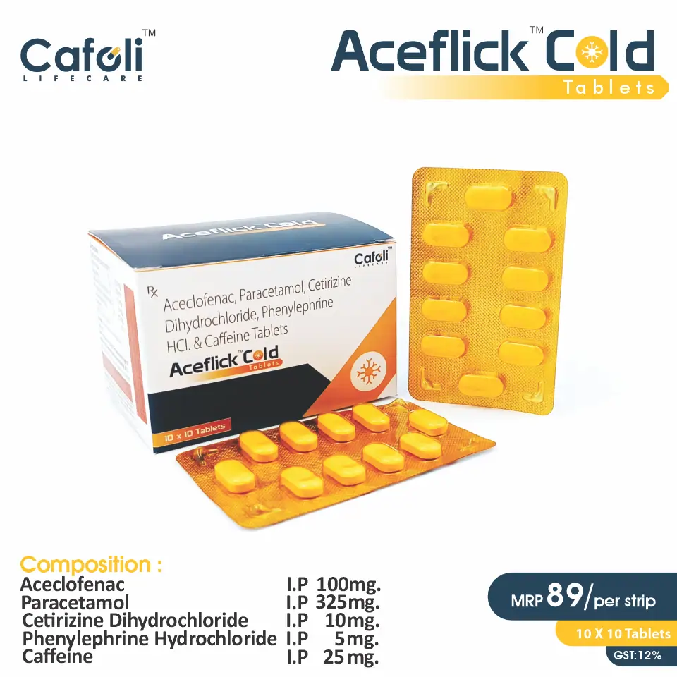 Aceclofenac 100mg + Paracetamol 325mg + Cetirizine 10mg + Phenylephrine 5mg + Caffeine 25mg at Best Price in PCD Medical Pharma for Cold Relief